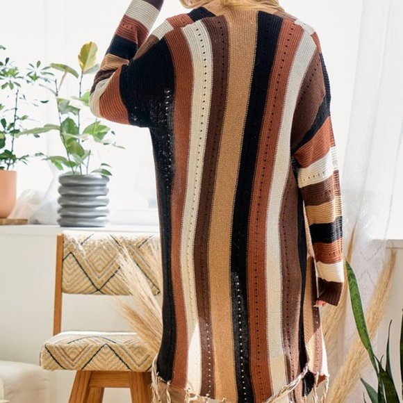 NEW ON BLUE bohemian western duster cardigan sweater stripe SM-XL Choco fringe - Picture 2 of 6